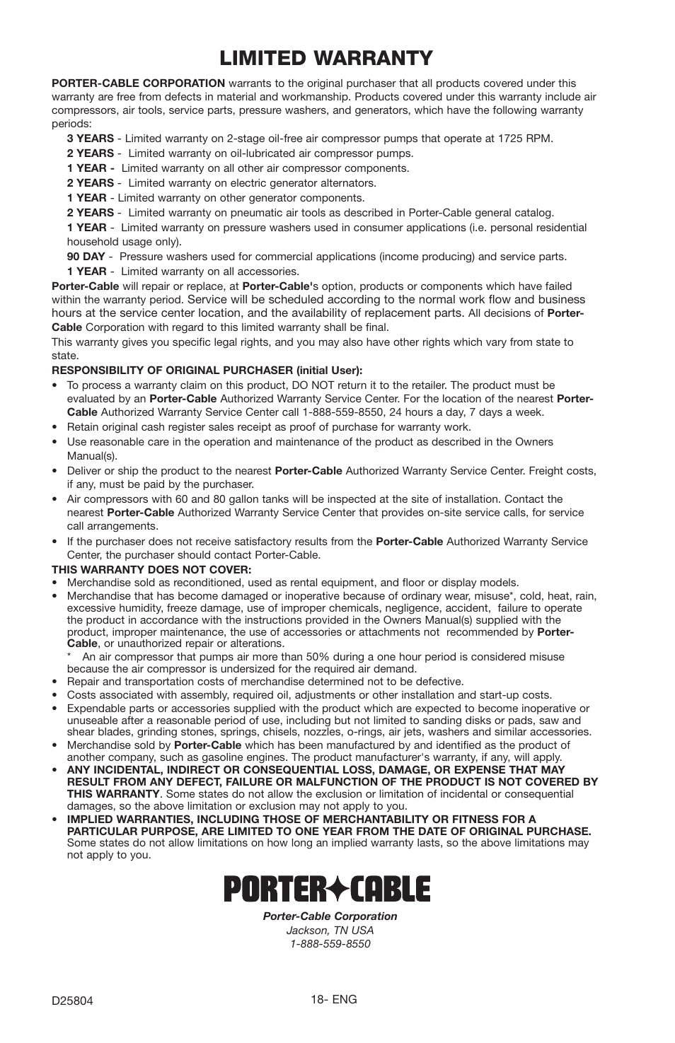 Limited warranty | Porter-Cable D25804-025-1 User Manual | Page 18 / 20
