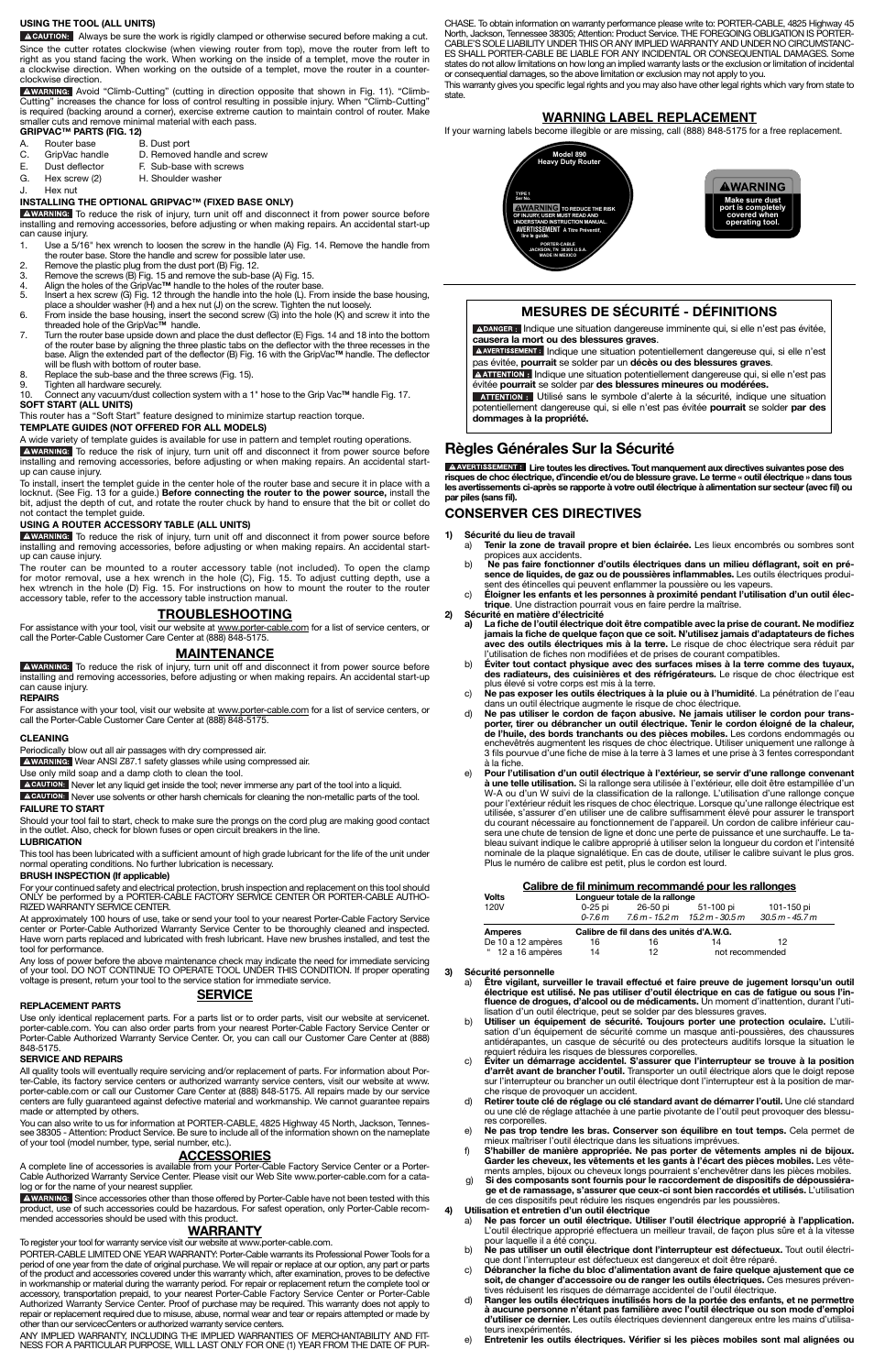 Règles générales sur la sécurité, Mesures de sécurité - définitions, Conserver ces directives | Troubleshooting, Maintenance, Service, Accessories, Warranty, Warning label replacement | Porter-Cable 892 User Manual | Page 3 / 7