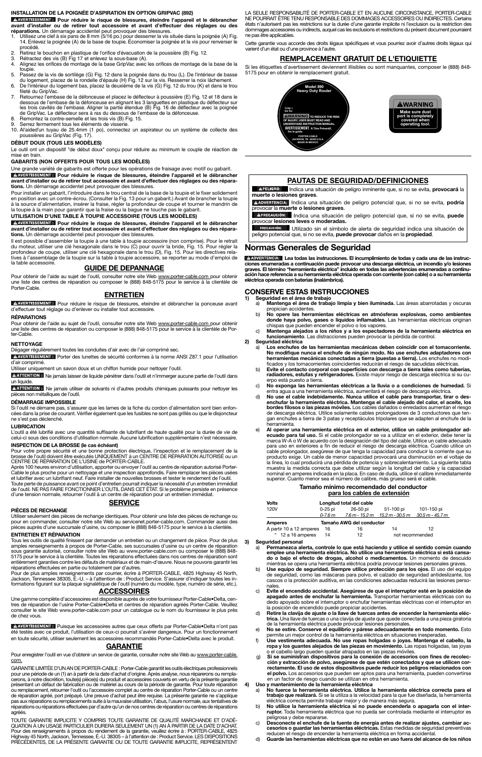 Normas generales de seguridad, Guide de depannage, Entretien | Service, Accessoires, Garantie, Pautas de seguridad/definiciones, Conserve estas instrucciones, Remplacement gratuit de l'etiquiette | Porter-Cable 892 User Manual | Page 5 / 7