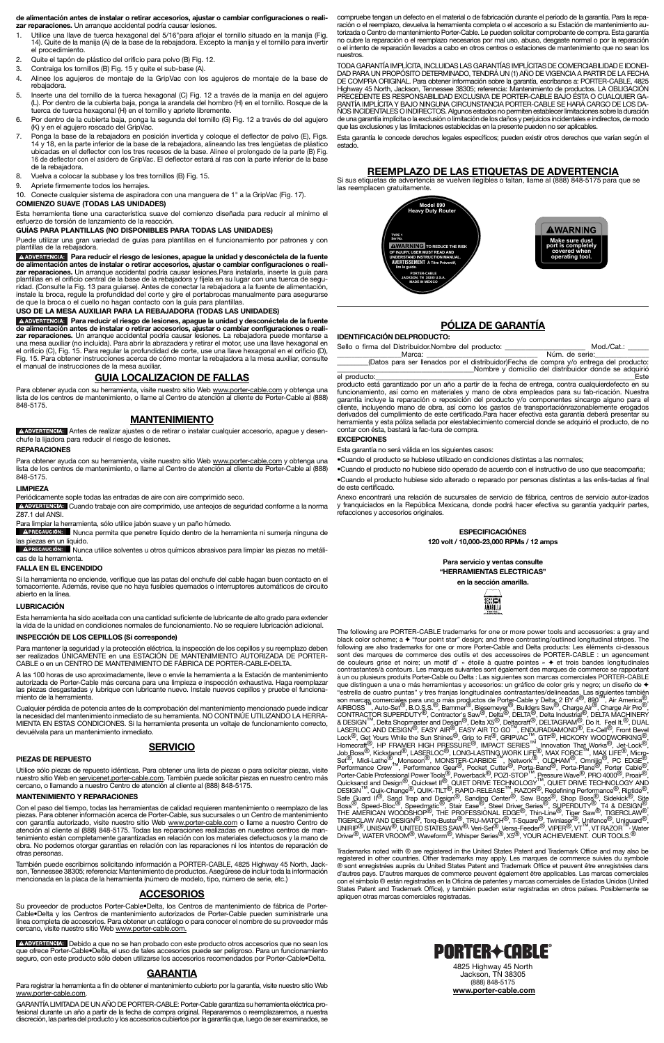 Guia localizacion de fallas, Mantenimiento, Servicio | Accesorios, Garantia, Reemplazo de las etiquetas de advertencia, Póliza de garantía | Porter-Cable 892 User Manual | Page 7 / 7