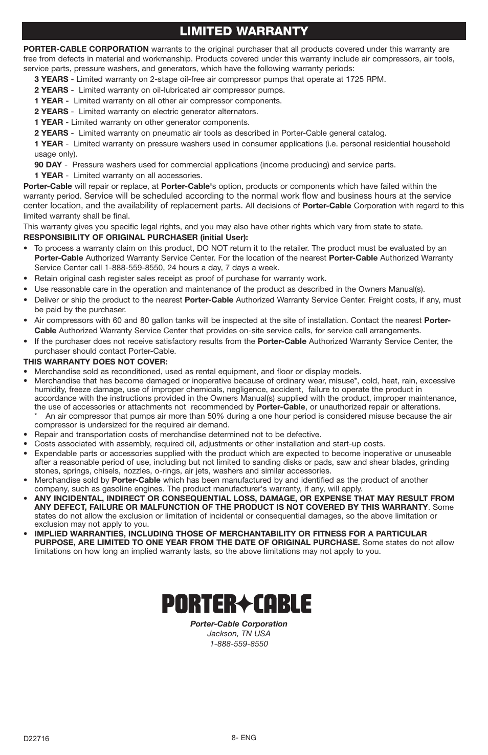 Limited warranty | Porter-Cable PTX5 User Manual | Page 8 / 8