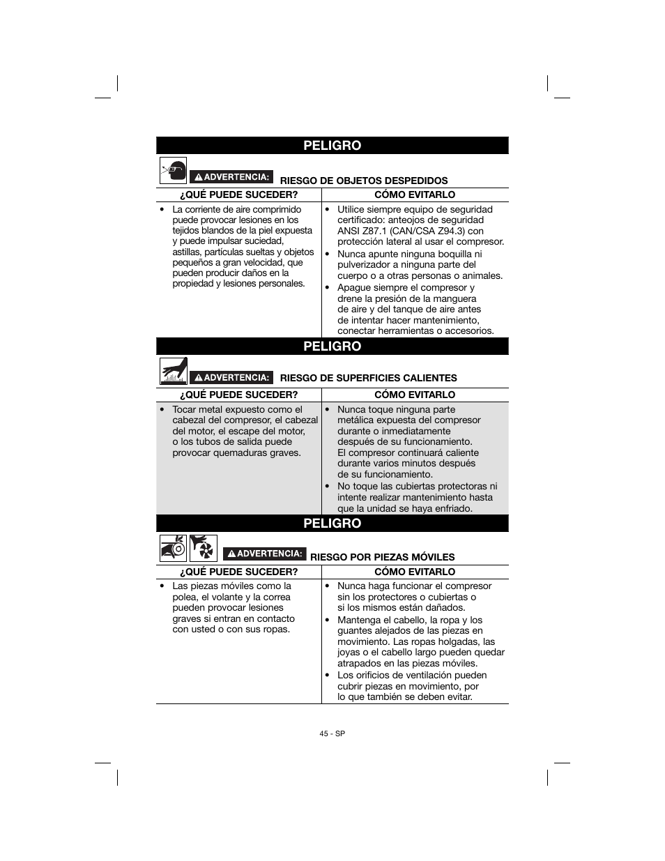 Peligro | Porter-Cable N078948 User Manual | Page 45 / 64