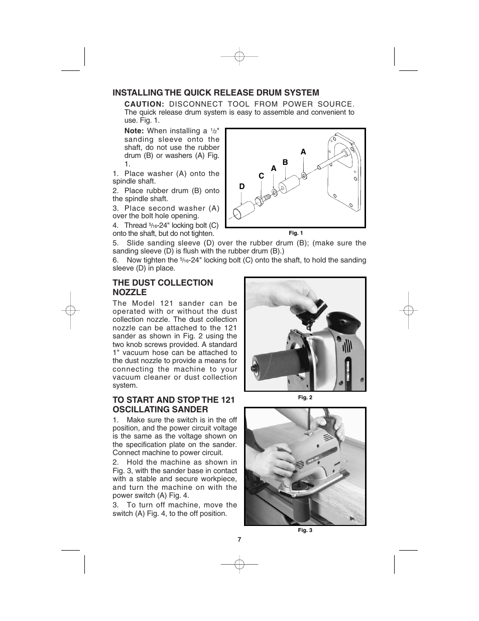 Installing the quick release drum system, The dust collection nozzle | Porter-Cable 121 User Manual | Page 7 / 11