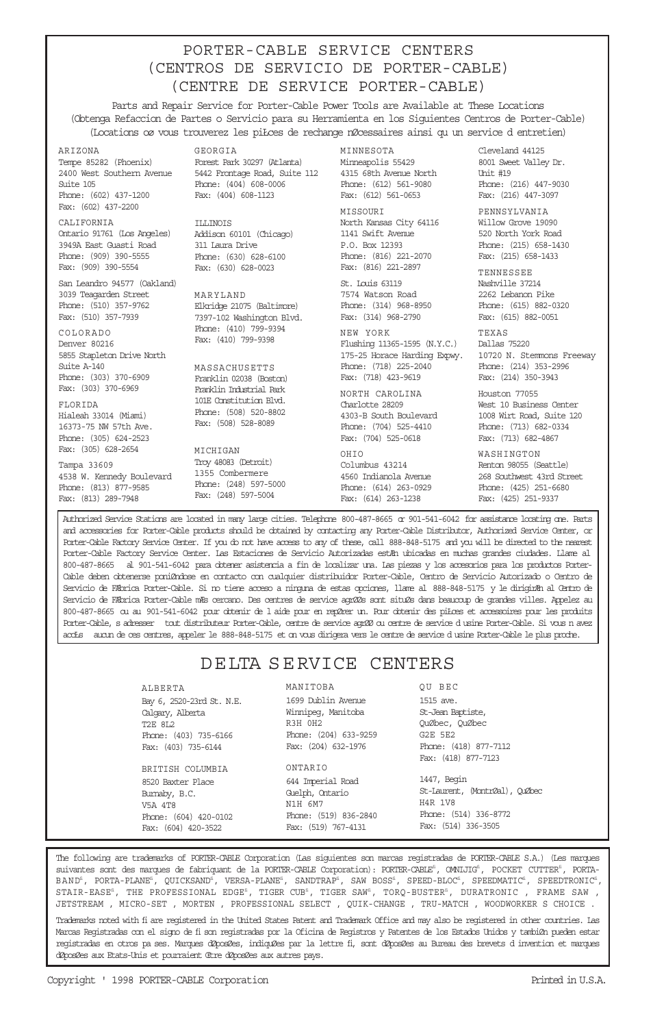 D e lta s e rvice centers | Porter-Cable 698 User Manual | Page 19 / 19