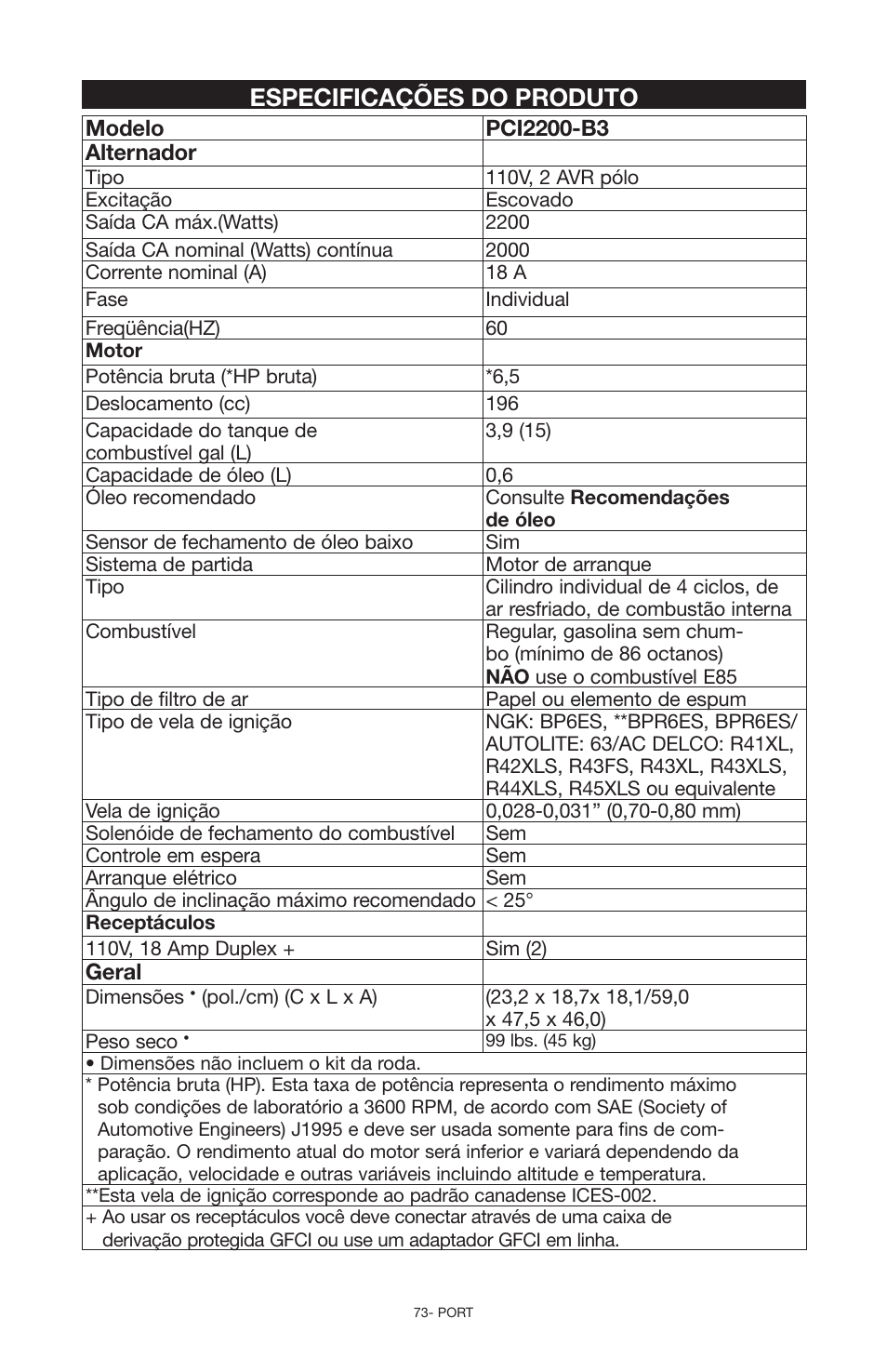 Especificações do produto | Porter-Cable N030679 User Manual | Page 73 / 92