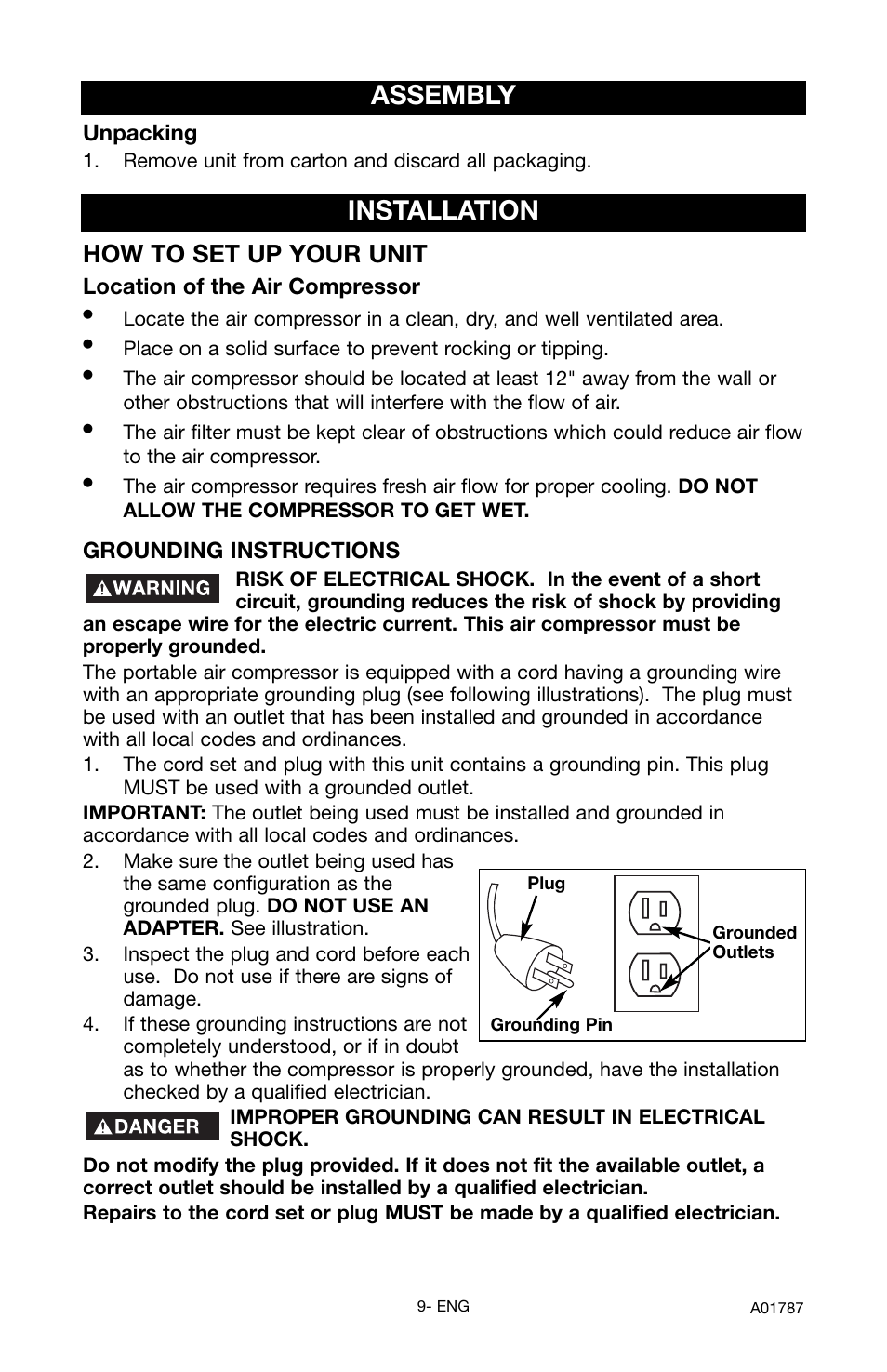 Installation, Assembly, How to set up your unit | Grounding instructions, Unpacking, Location of the air compressor | Porter-Cable JOB BOSS CFFC350B User Manual | Page 9 / 24