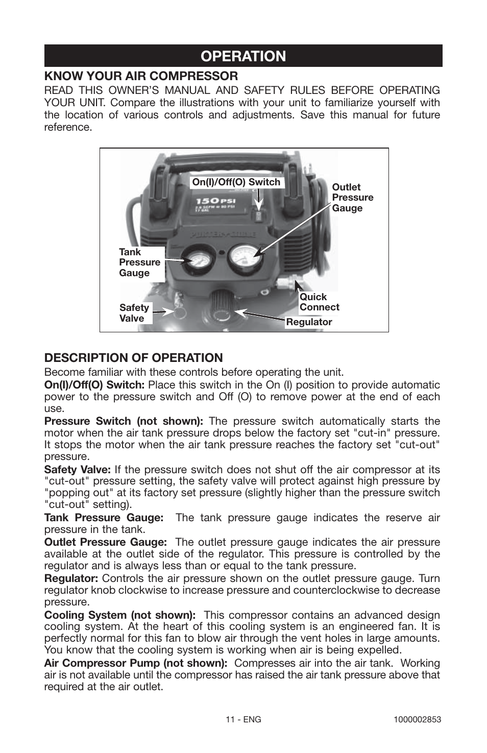 Operation, Know your air compressor, Description of operation | Porter-Cable 1000002853 User Manual | Page 11 / 68