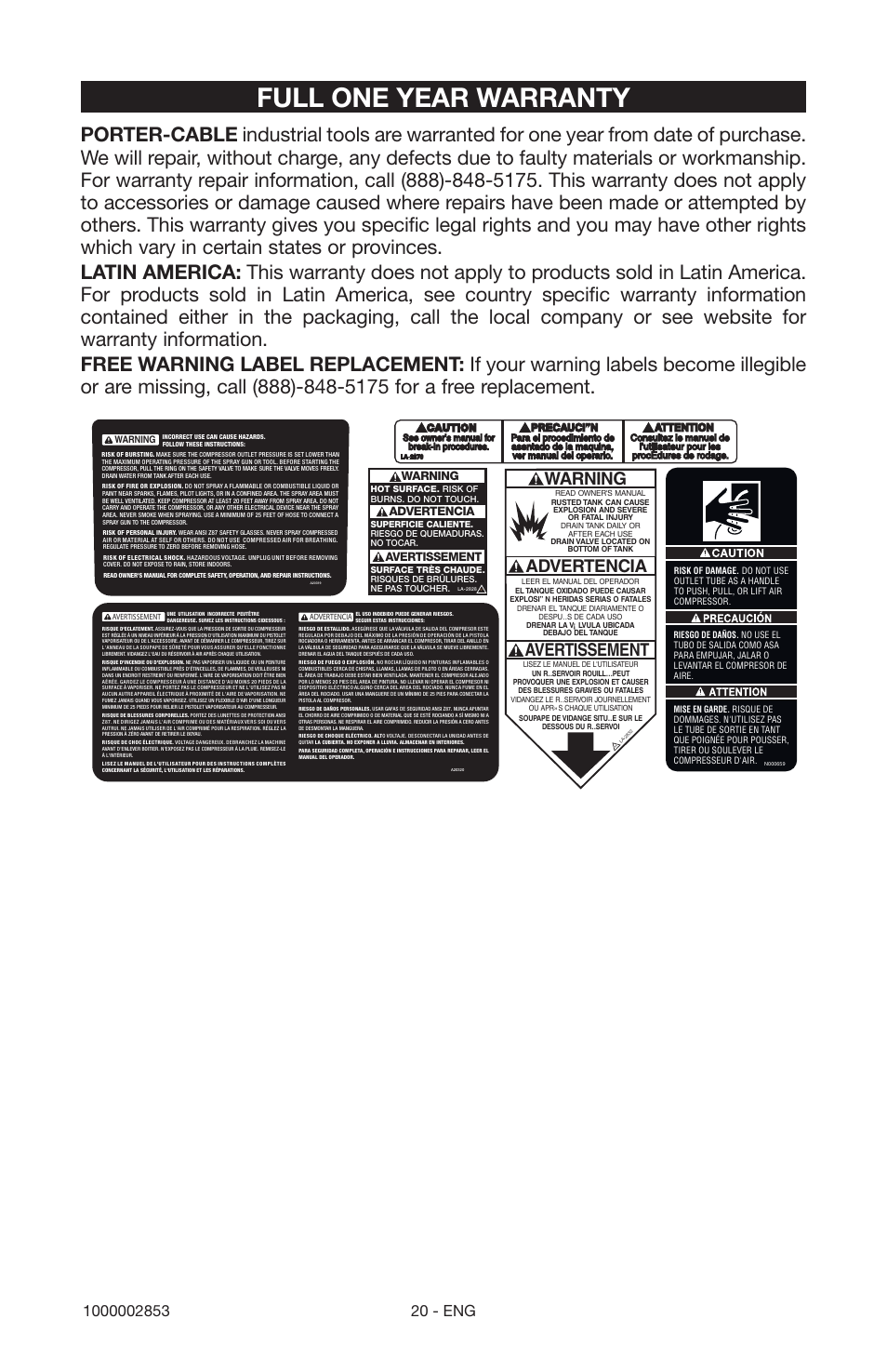 Full one year warranty, Warning, Advertencia avertissement | Porter-Cable 1000002853 User Manual | Page 20 / 68