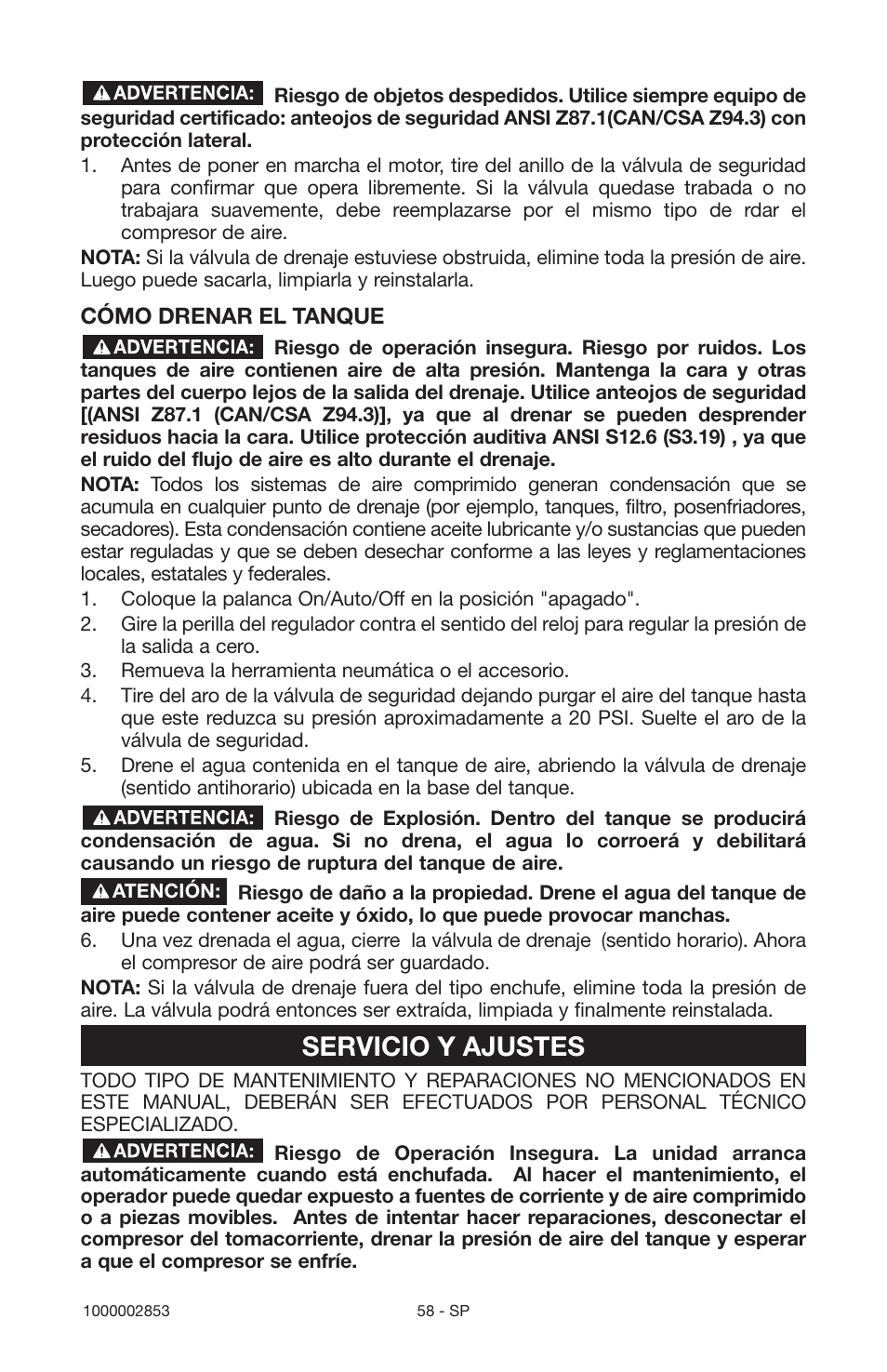 Servicio y ajustes | Porter-Cable 1000002853 User Manual | Page 58 / 68
