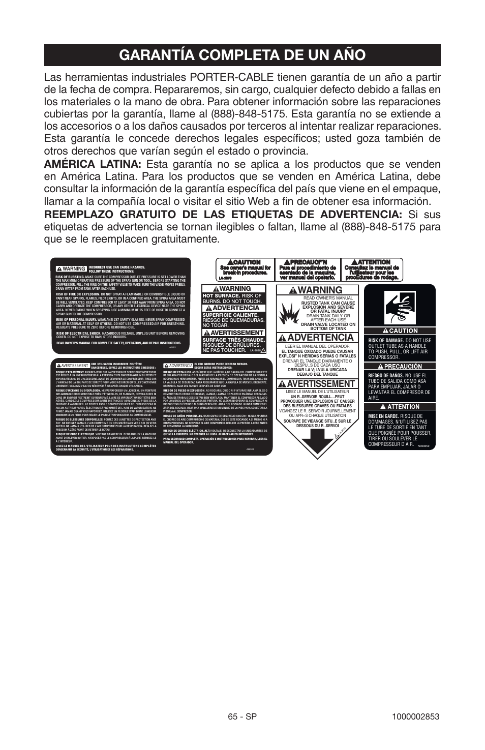 Garantía completa de un año, Warning, Advertencia avertissement | Porter-Cable 1000002853 User Manual | Page 65 / 68