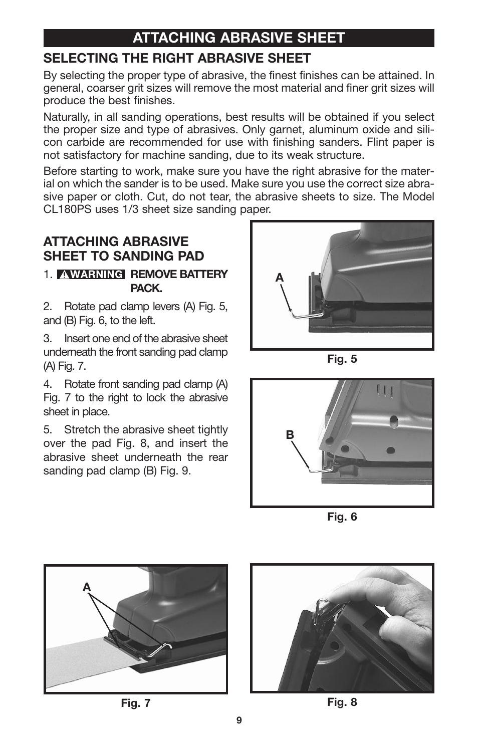 Attaching abrasive sheet | Porter-Cable CL180PS User Manual | Page 9 / 15