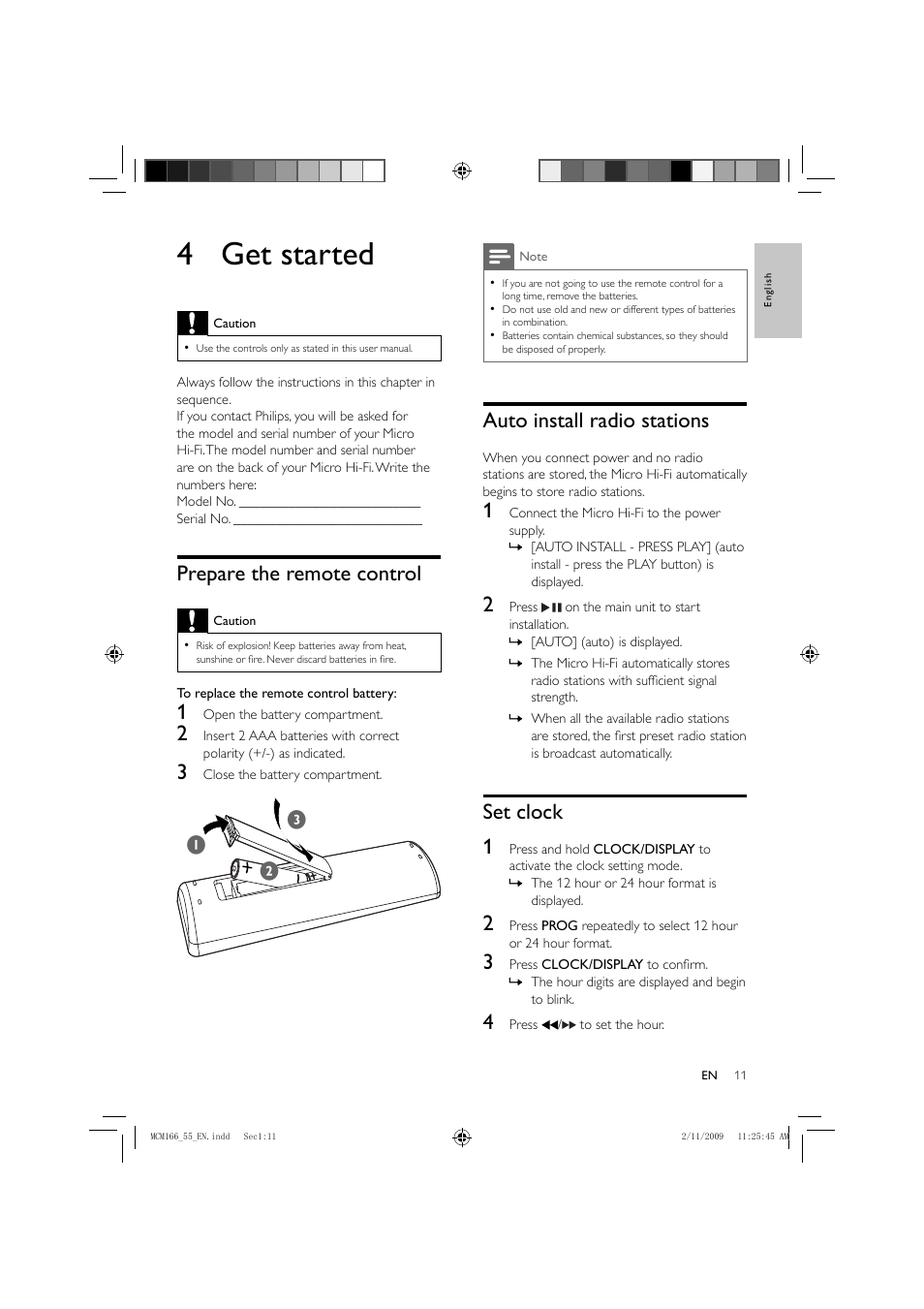 4 get started, Auto install radio stations, Set clock 1 | Prepare the remote control | Porter-Cable MCM155 User Manual | Page 12 / 30