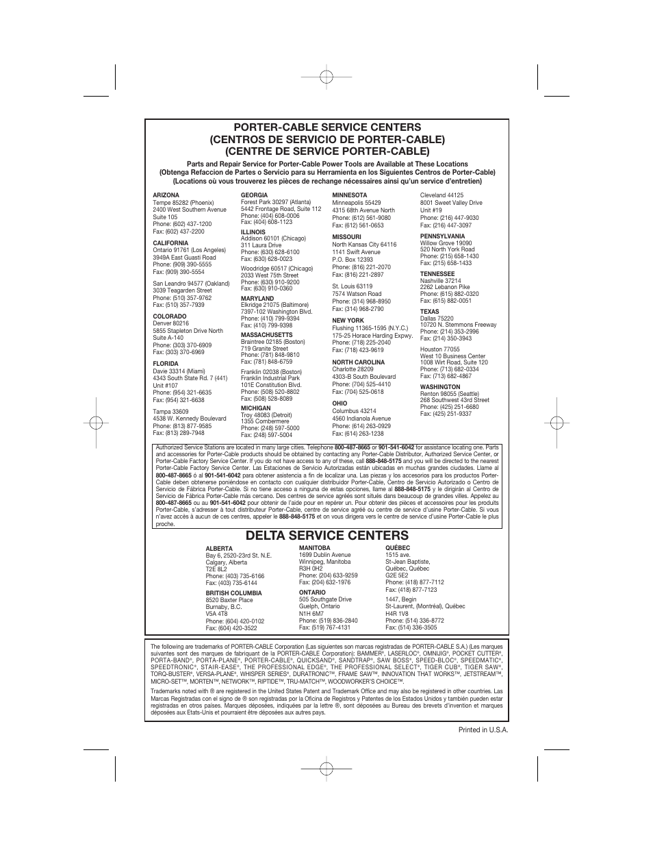 Delta service centers | Porter-Cable 7414 User Manual | Page 13 / 13
