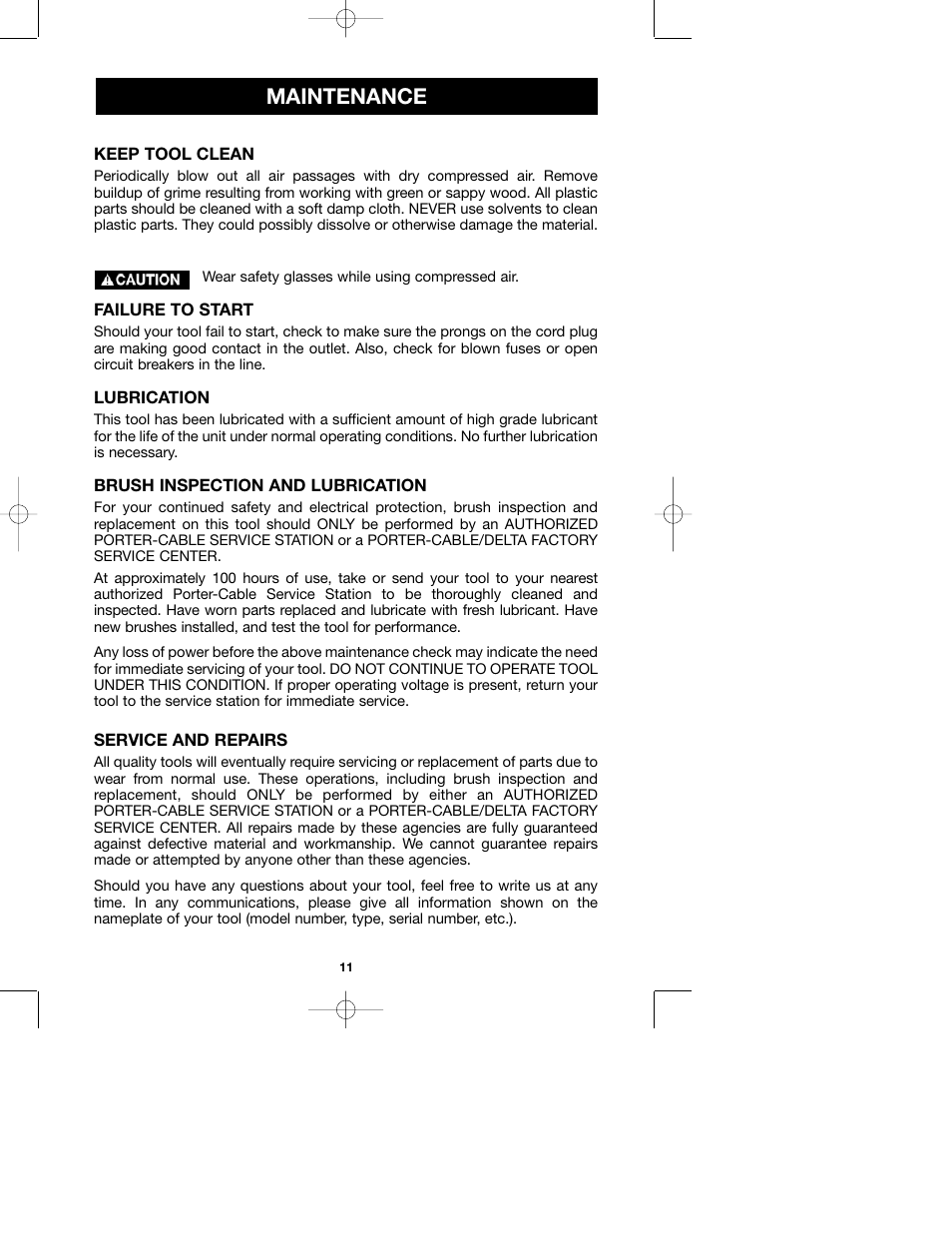Maintenance | Porter-Cable 100H User Manual | Page 11 / 13