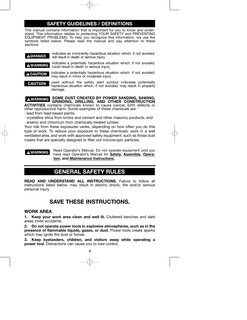 Save these instructions, General safety rules | Porter-Cable 100H User Manual | Page 2 / 13