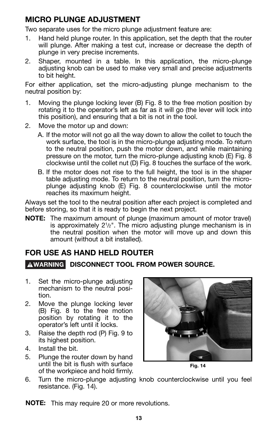 Micro plunge adjustment, For use as hand held router | Porter-Cable 8529 User Manual | Page 13 / 21