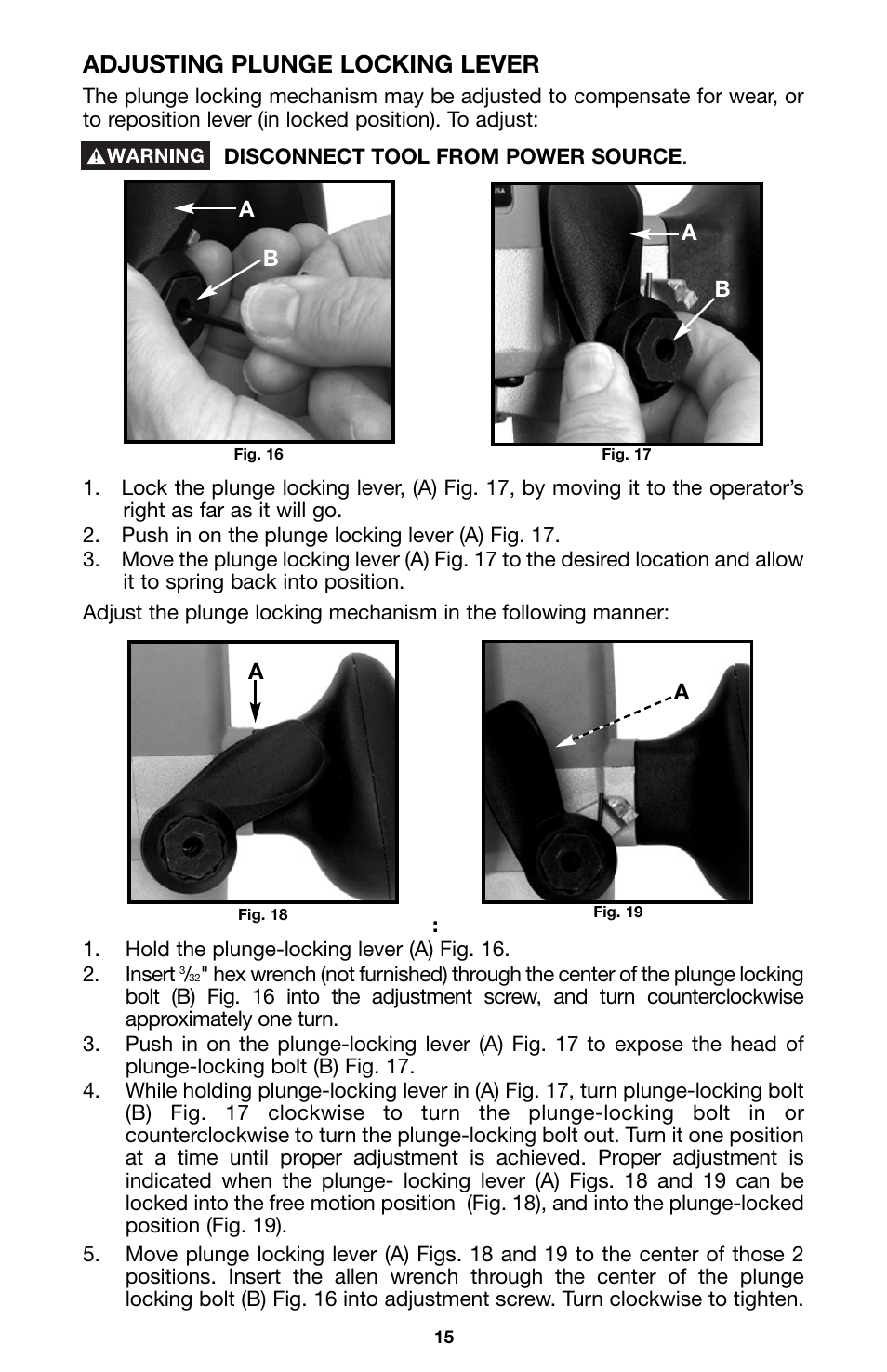 Adjusting plunge locking lever | Porter-Cable 8529 User Manual | Page 15 / 21