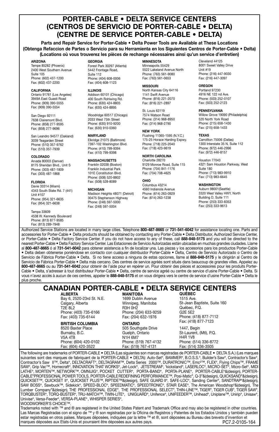 Canadian porter-cable • delta service centers | Porter-Cable 8529 User Manual | Page 21 / 21