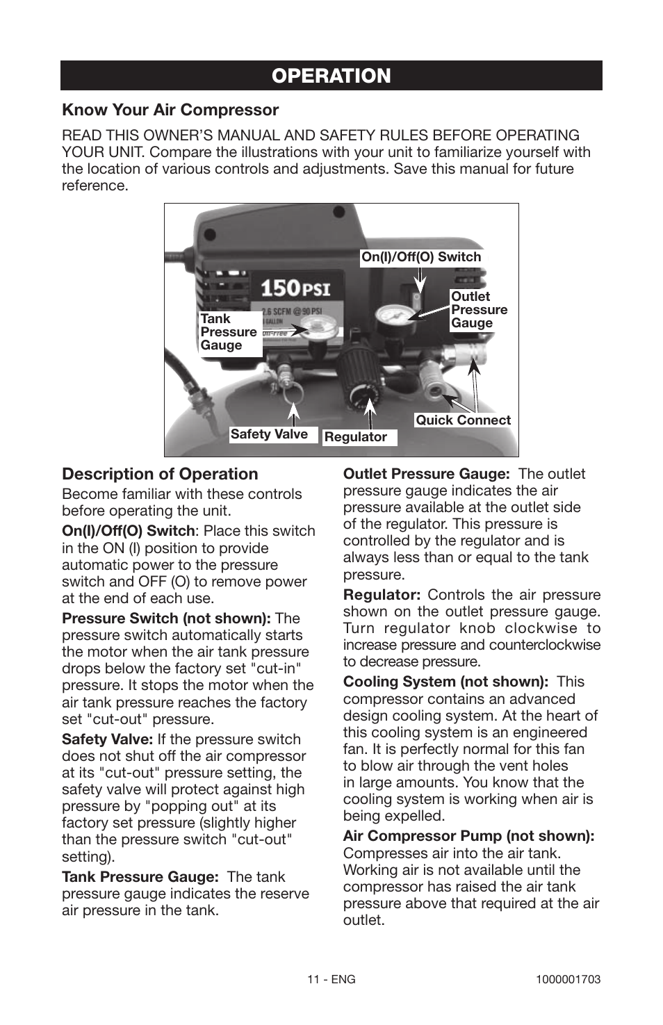 Operation, Description of operation, Know your air compressor | Porter-Cable 1000001703 User Manual | Page 11 / 60