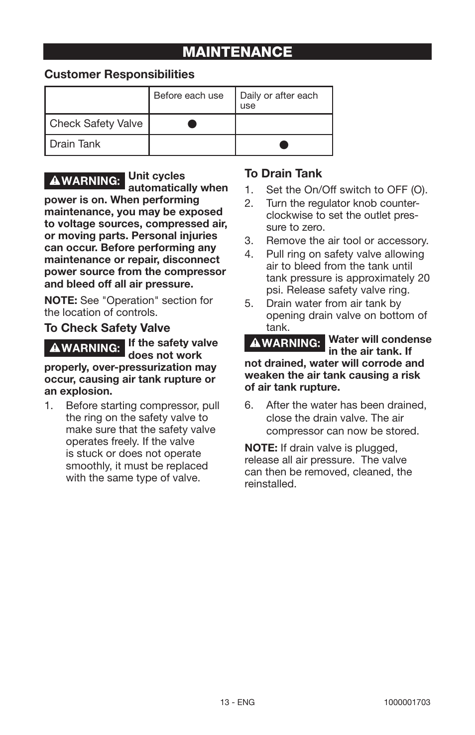 Maintenance | Porter-Cable 1000001703 User Manual | Page 13 / 60