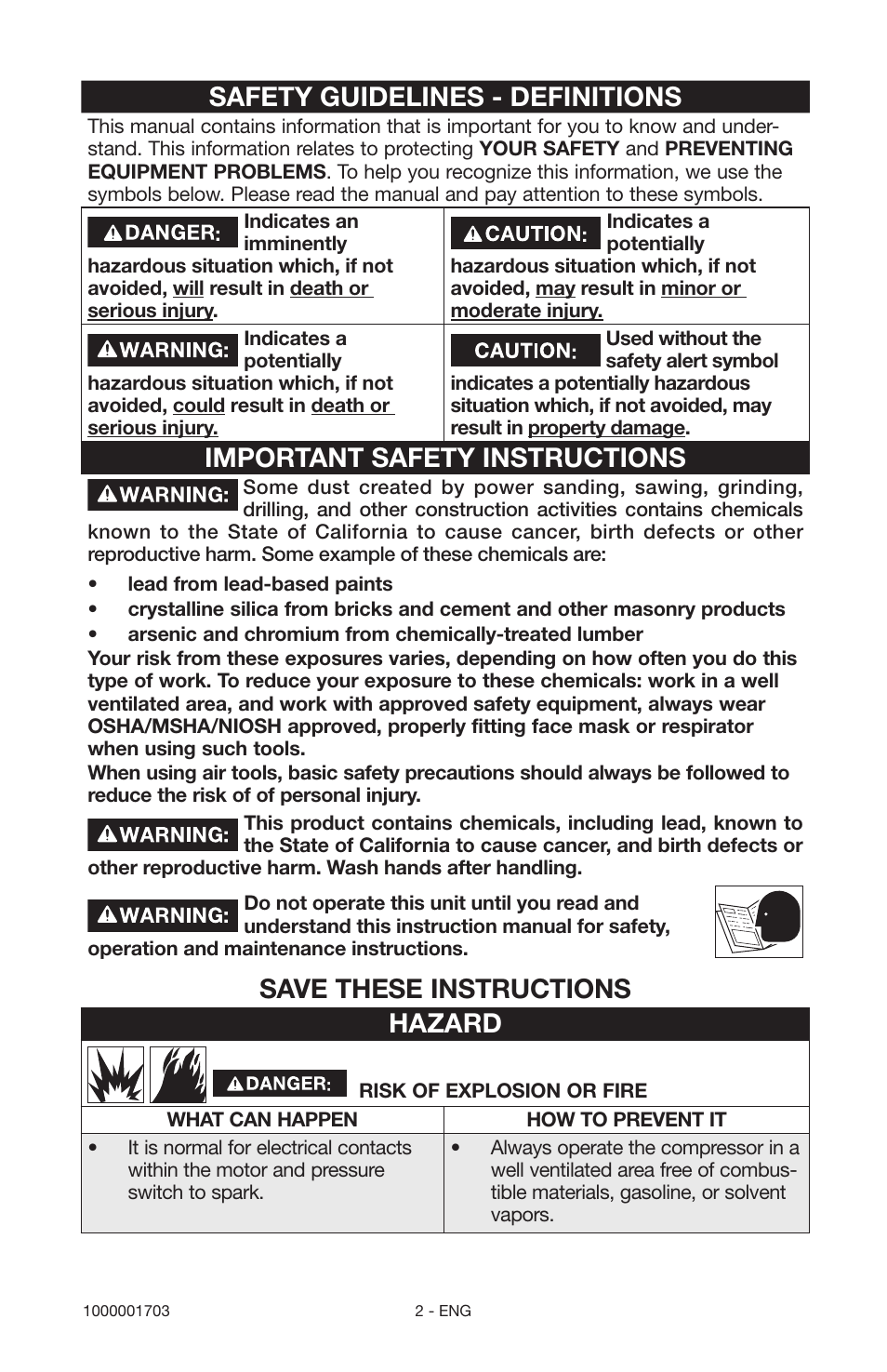 Safety guidelines - definitions, Important safety instructions, Save these instructions hazard | Porter-Cable 1000001703 User Manual | Page 2 / 60