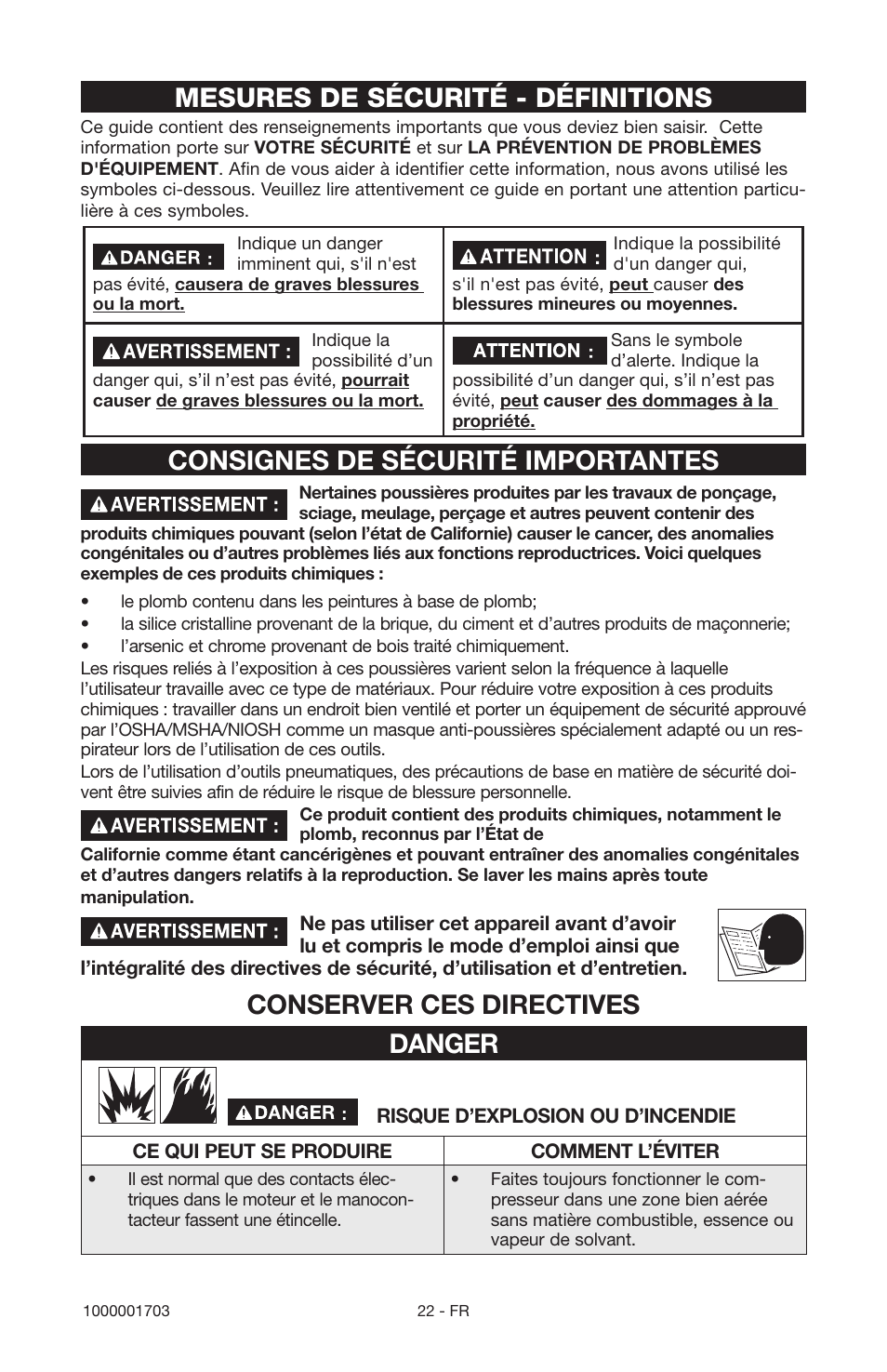Mesures de sécurité - définitions, Consignes de sécurité importantes, Conserver ces directives danger | Porter-Cable 1000001703 User Manual | Page 22 / 60