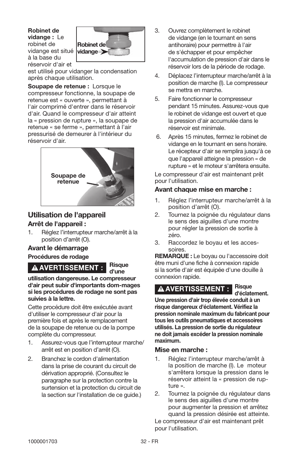 Utilisation de l'appareil | Porter-Cable 1000001703 User Manual | Page 32 / 60