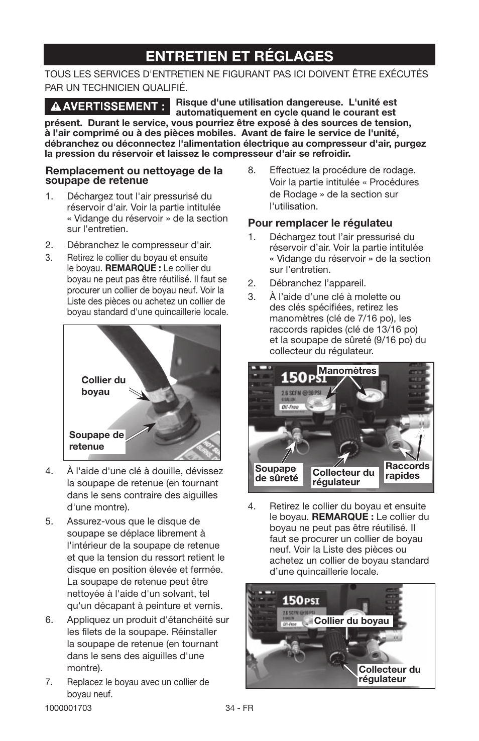 Entretien et réglages | Porter-Cable 1000001703 User Manual | Page 34 / 60