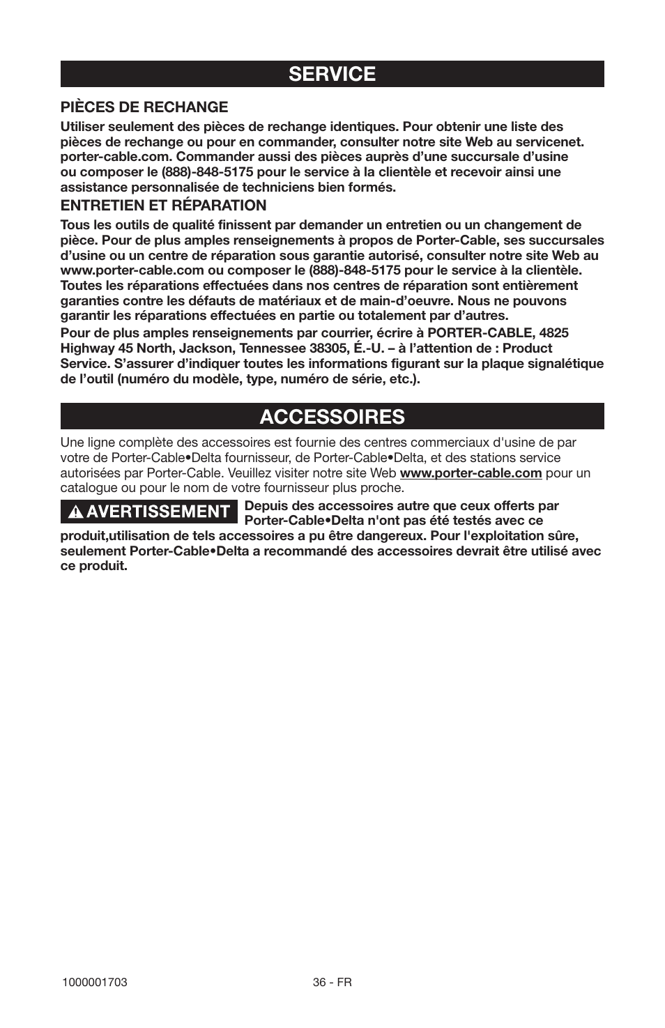 Accessoires service | Porter-Cable 1000001703 User Manual | Page 36 / 60