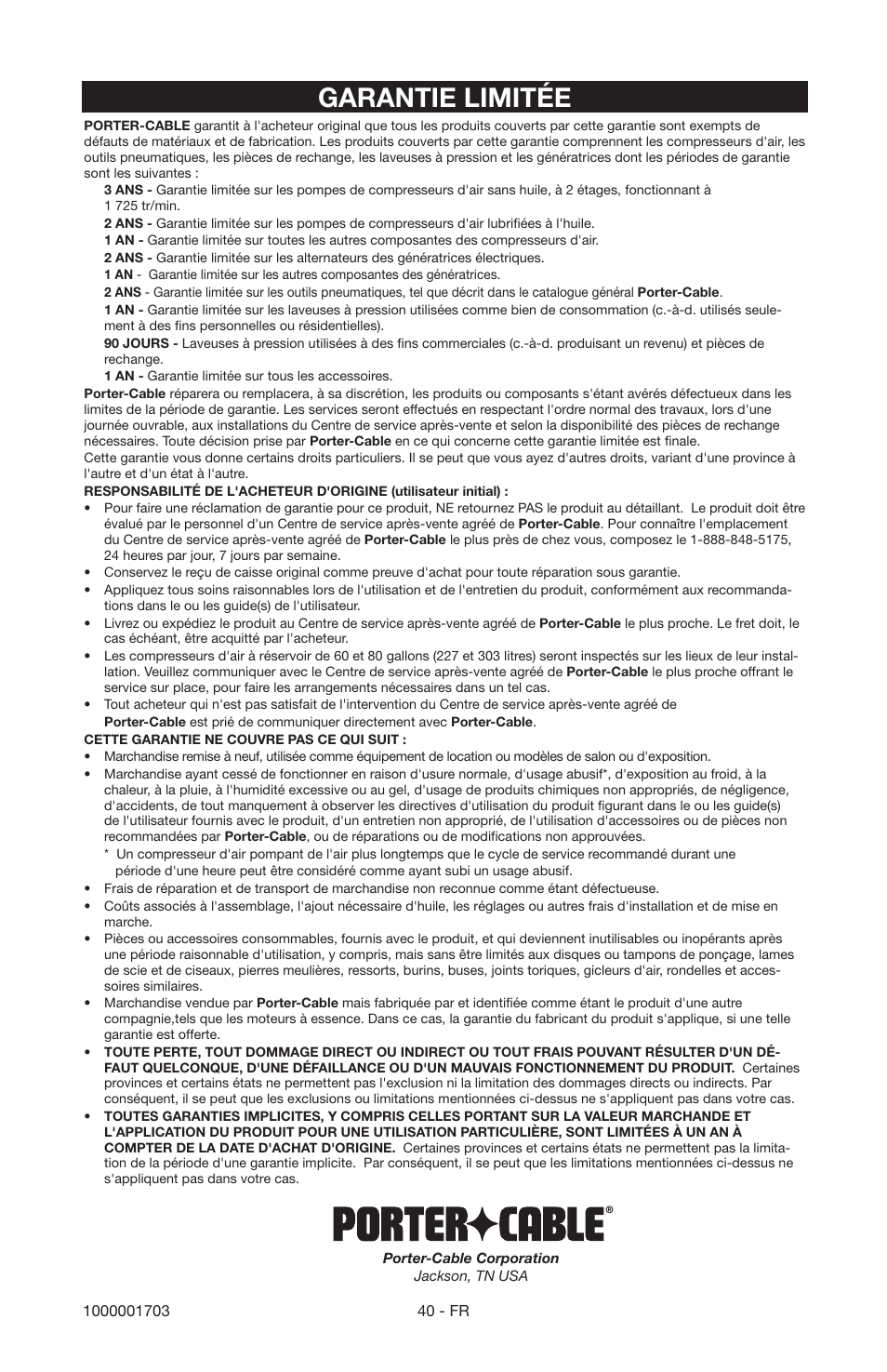 Garantie limitée | Porter-Cable 1000001703 User Manual | Page 40 / 60