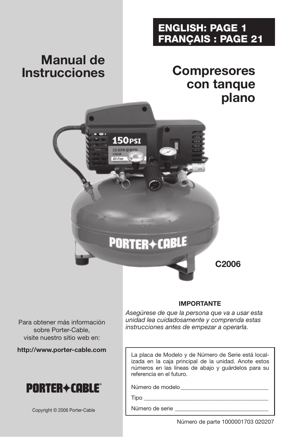 English: page 1 français : page 21 | Porter-Cable 1000001703 User Manual | Page 41 / 60