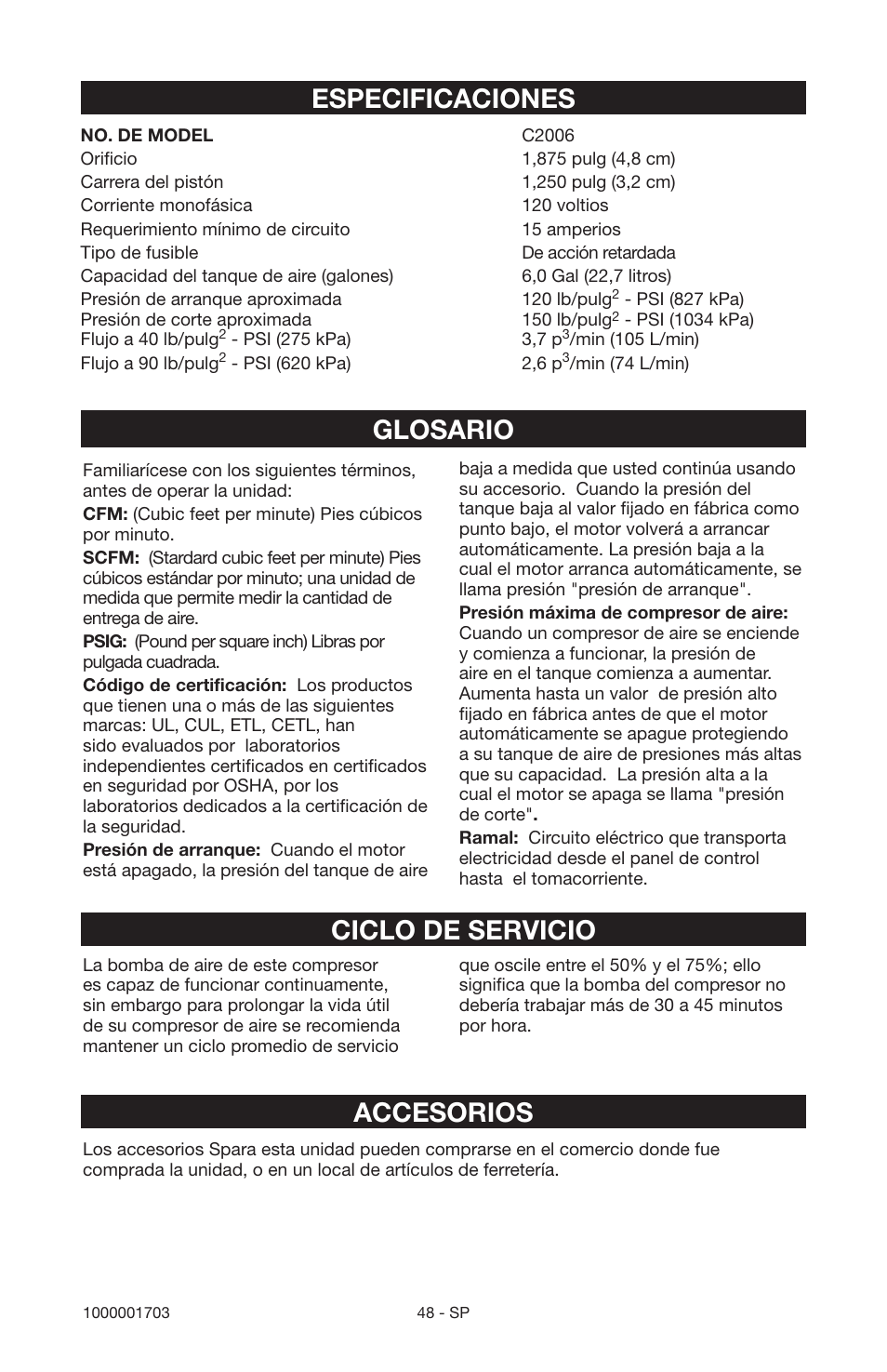 Glosario ciclo de servicio accesorios, Especificaciones | Porter-Cable 1000001703 User Manual | Page 48 / 60