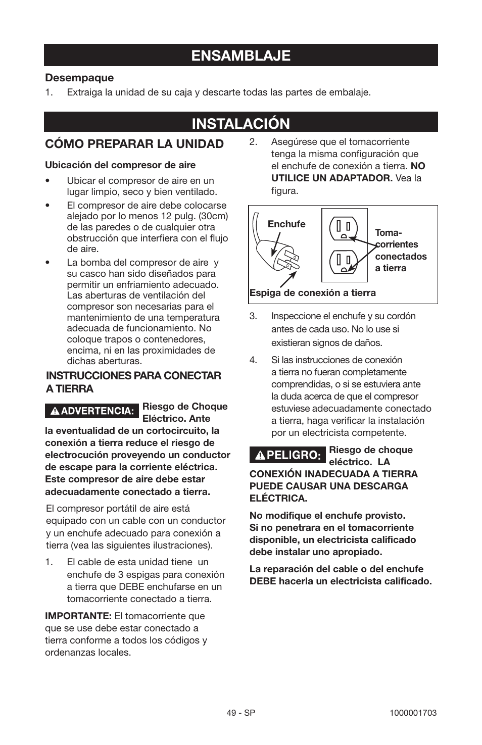 Ensamblaje, Instalación, Cómo preparar la unidad | Porter-Cable 1000001703 User Manual | Page 49 / 60