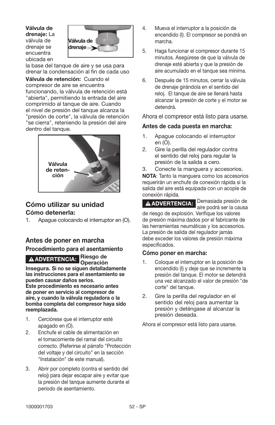 Cómo utilizar su unidad, Antes de poner en marcha | Porter-Cable 1000001703 User Manual | Page 52 / 60