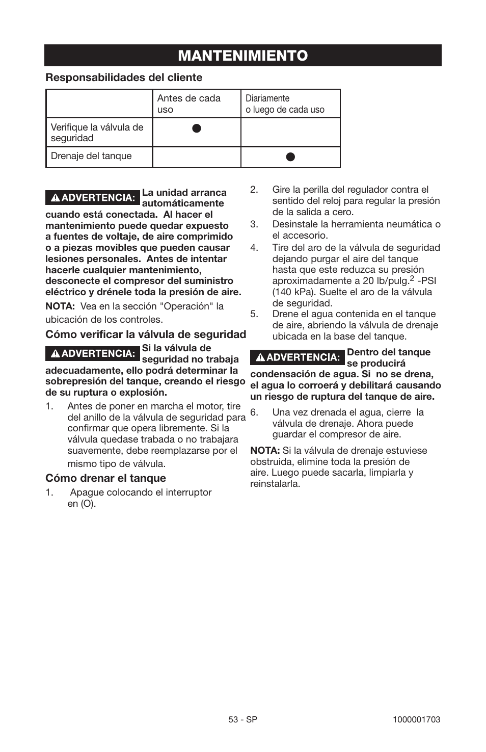 Mantenimiento | Porter-Cable 1000001703 User Manual | Page 53 / 60