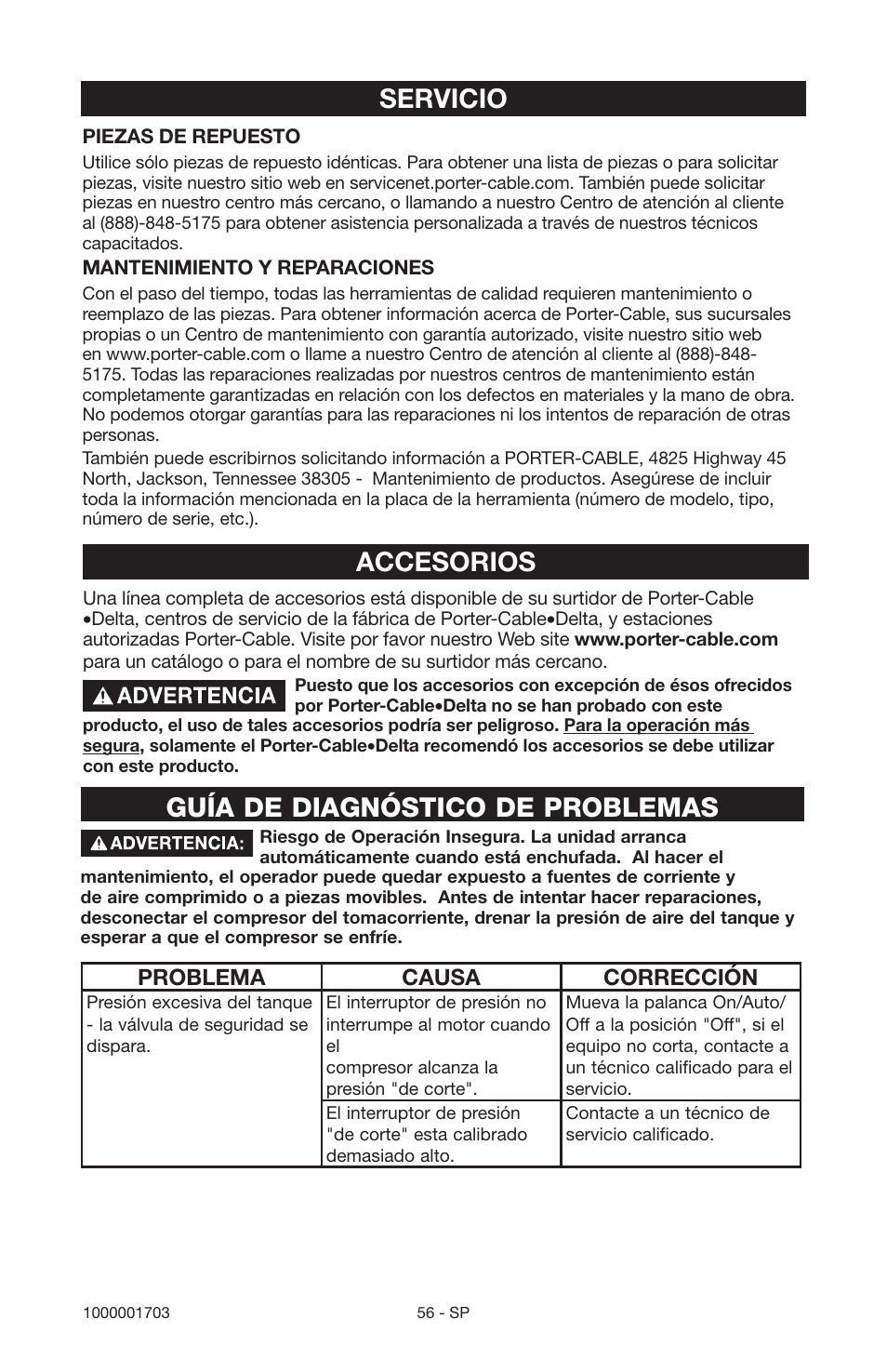 Accesorios servicio, Guía de diagnóstico de problemas | Porter-Cable 1000001703 User Manual | Page 56 / 60