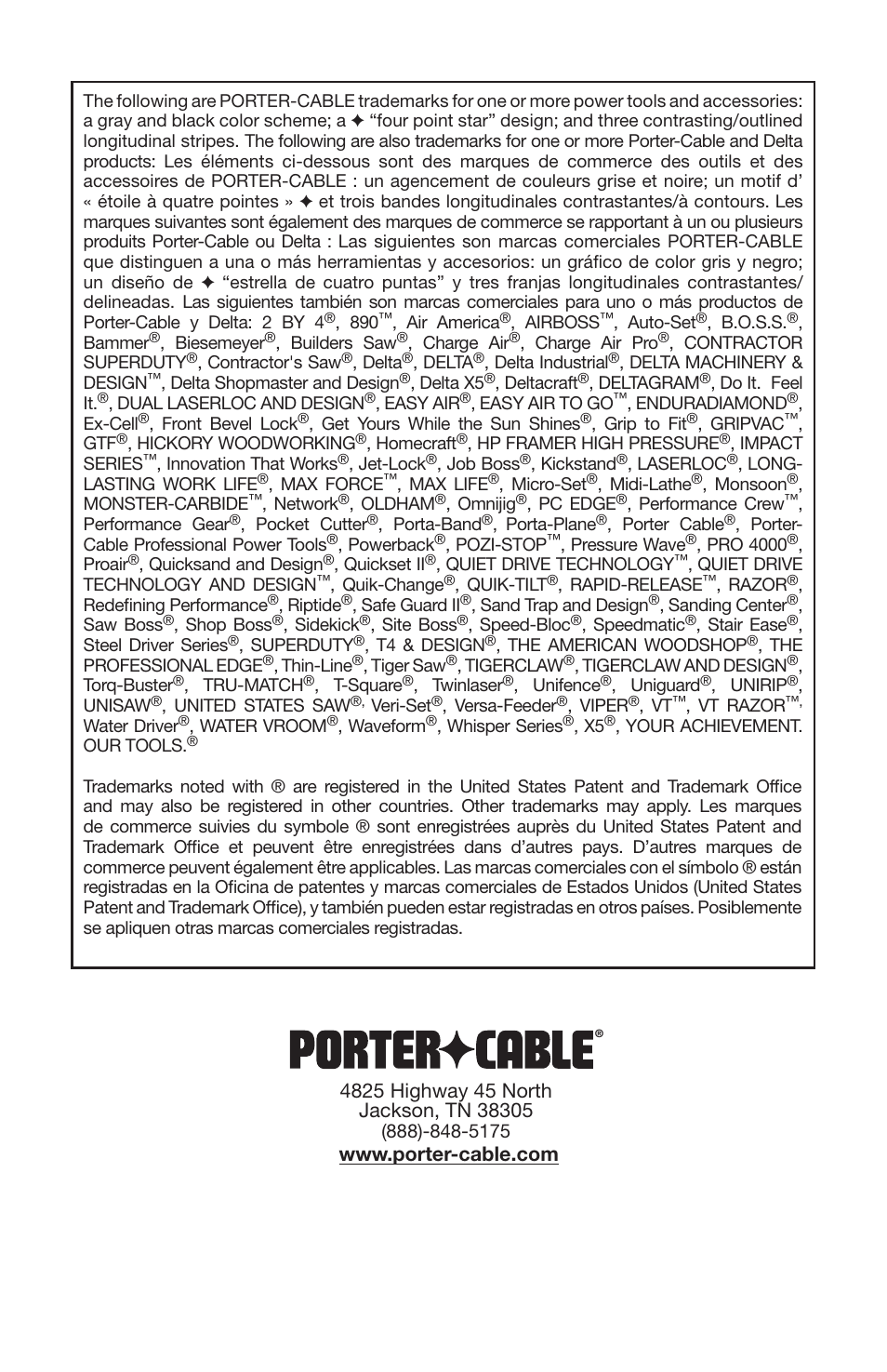 Porter-Cable 1000001703 User Manual | Page 60 / 60