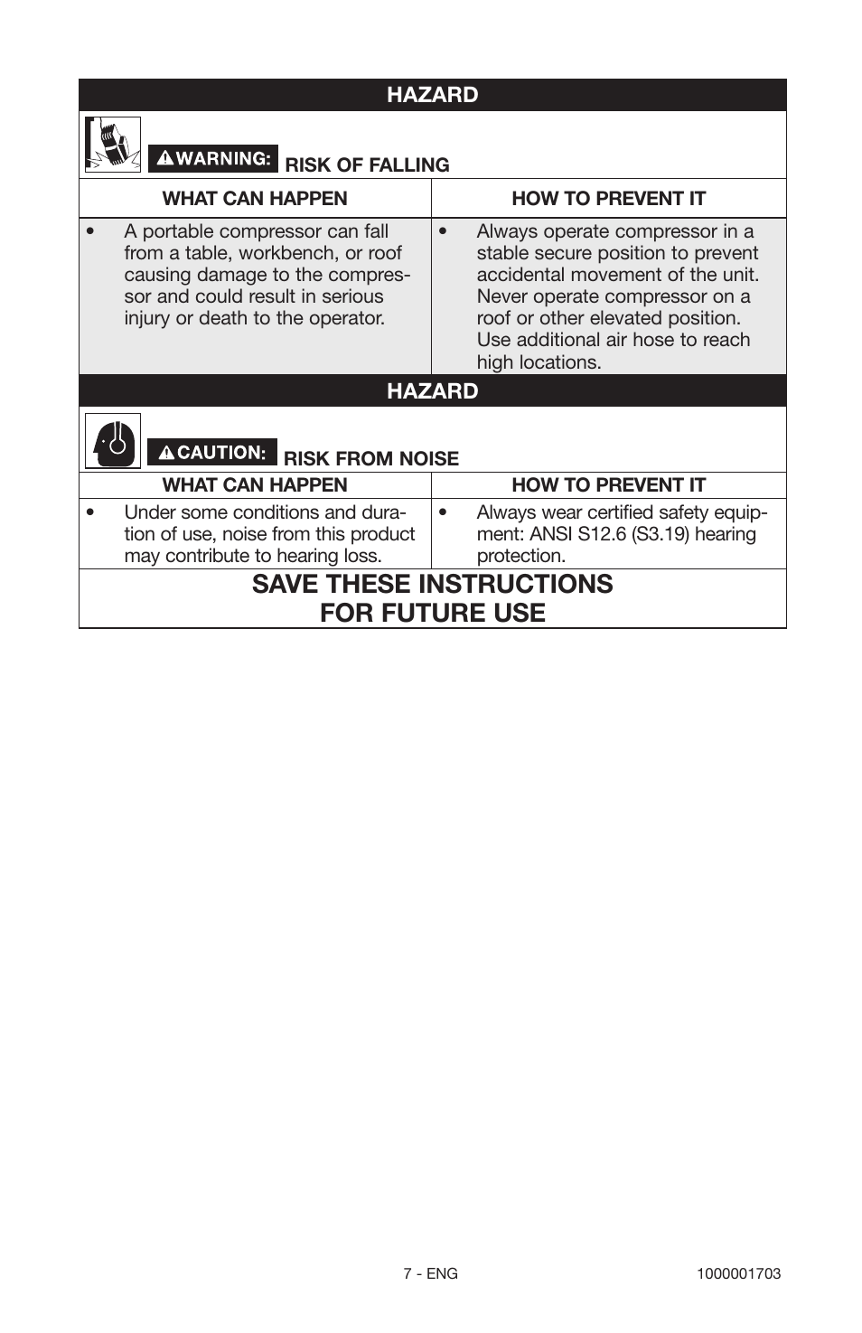 Save these instructions for future use | Porter-Cable 1000001703 User Manual | Page 7 / 60