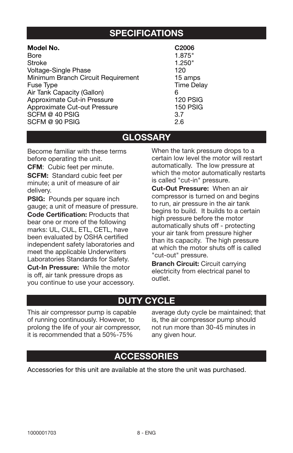 Glossary duty cycle, Accessories, Specifications | Porter-Cable 1000001703 User Manual | Page 8 / 60