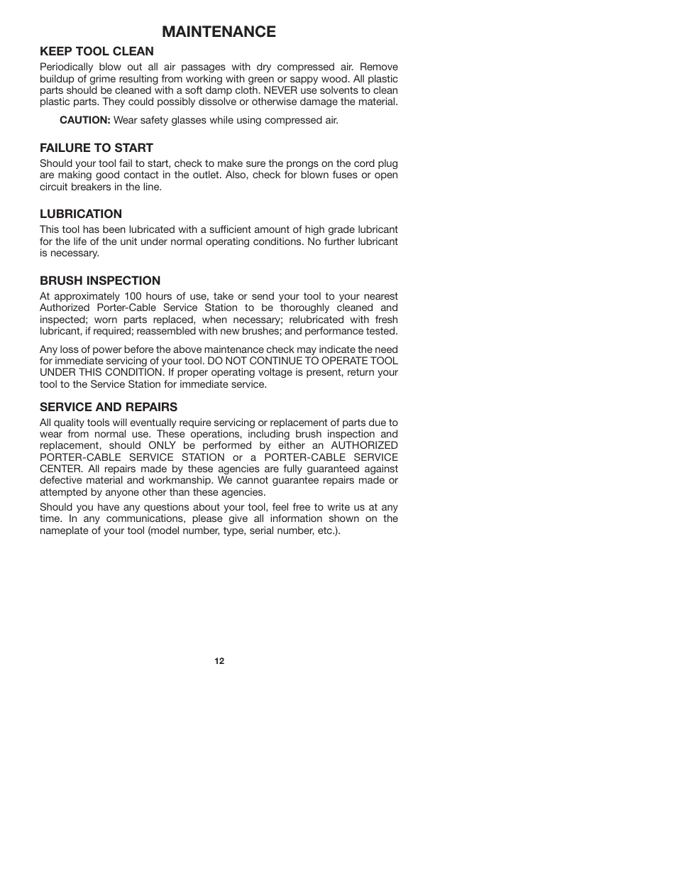 Maintenance | Porter-Cable 7536 User Manual | Page 12 / 15
