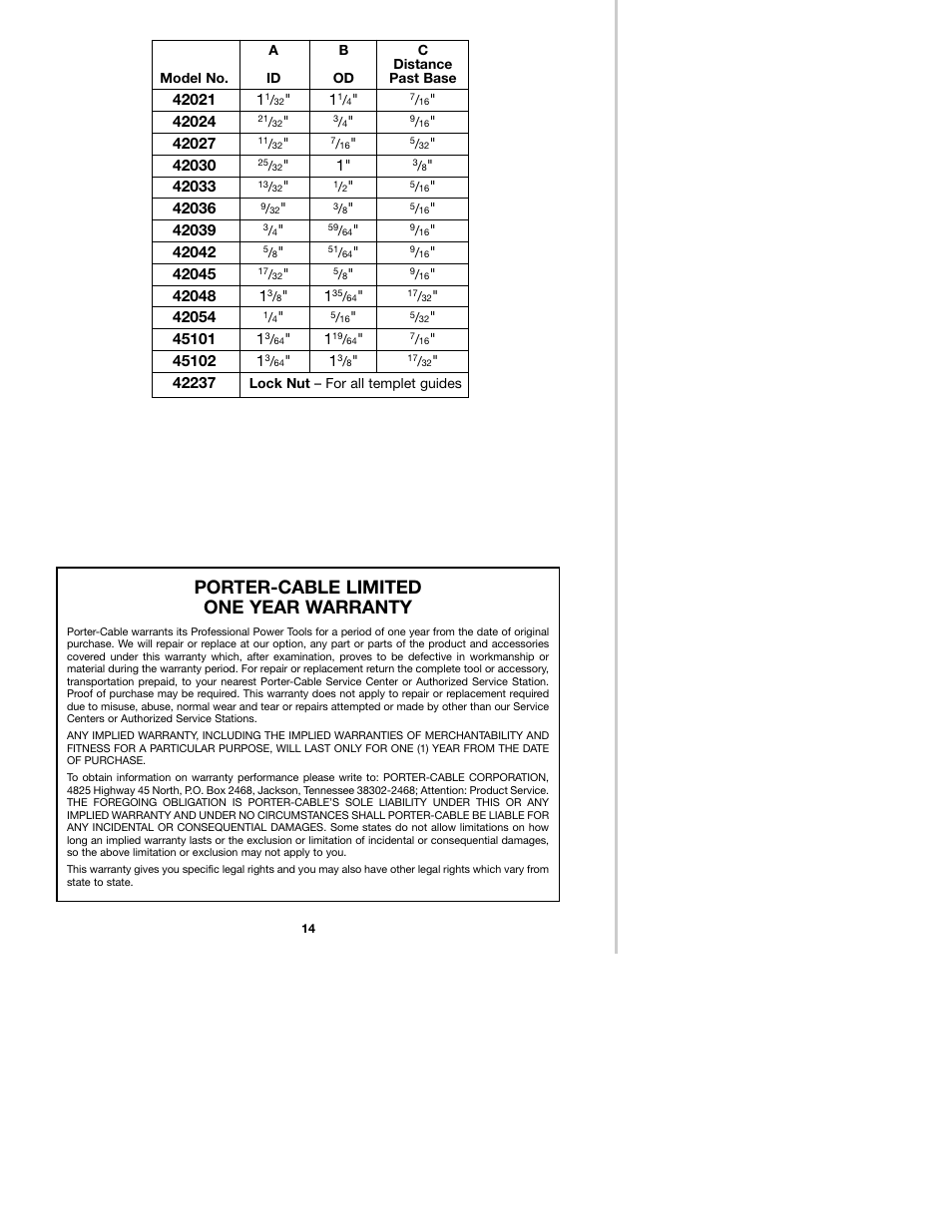 Porter-cable limited one year warranty | Porter-Cable 7536 User Manual | Page 14 / 15