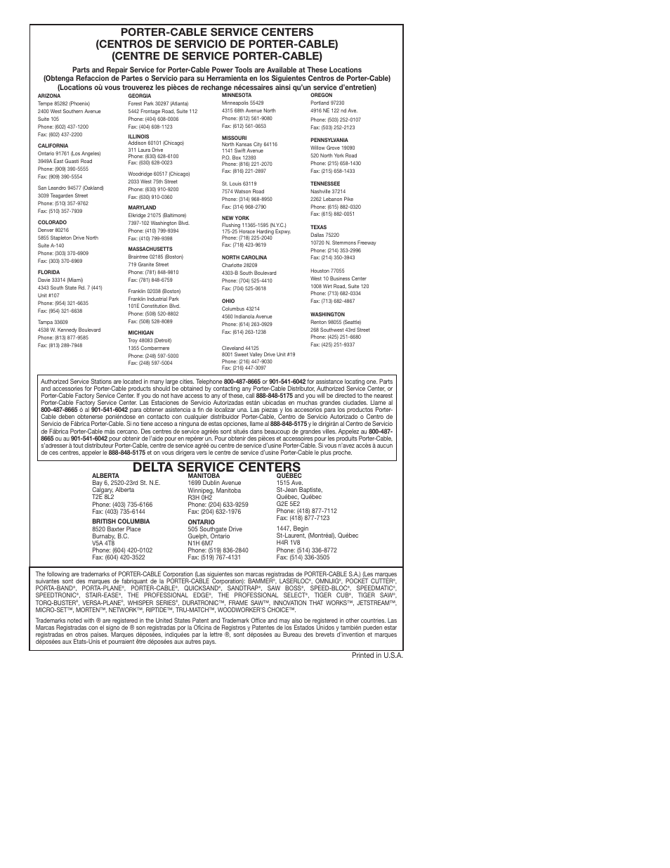 Delta service centers | Porter-Cable 7536 User Manual | Page 15 / 15