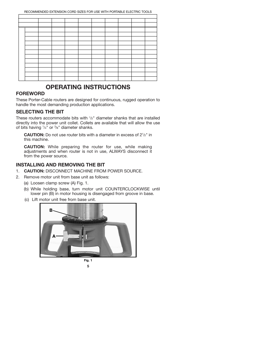 Operating instructions, Foreword, Selecting the bit | Installing and removing the bit | Porter-Cable 7536 User Manual | Page 5 / 15