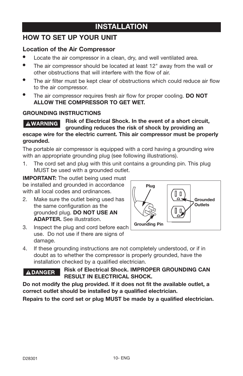 Installation, How to set up your unit, Location of the air compressor | Porter-Cable JOB BOSS C3555 User Manual | Page 10 / 78
