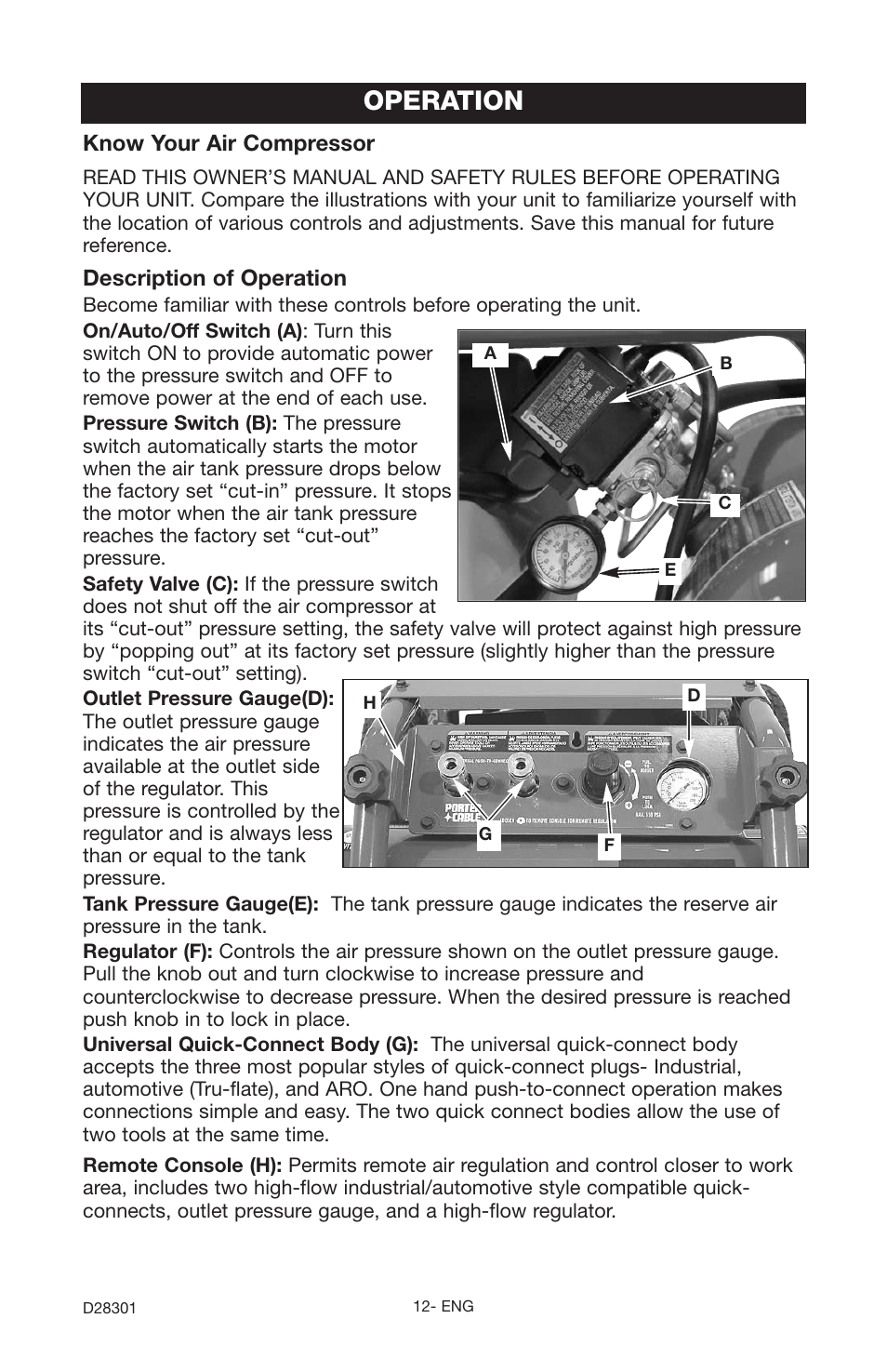 Operation, Know your air compressor, Description of operation | Porter-Cable JOB BOSS C3555 User Manual | Page 12 / 78
