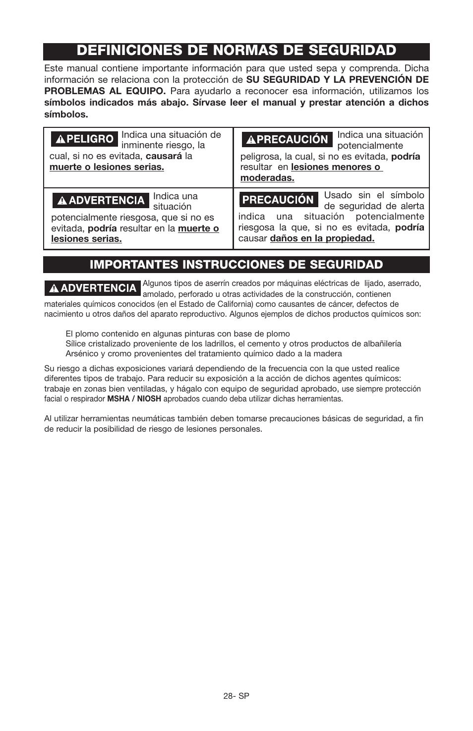 Definiciones de normas de seguridad, Importantes instrucciones de seguridad | Porter-Cable JOB BOSS C3555 User Manual | Page 28 / 78