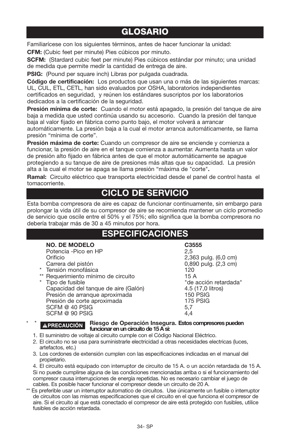 Glosario, Ciclo de servicio, Especificaciones | Porter-Cable JOB BOSS C3555 User Manual | Page 34 / 78