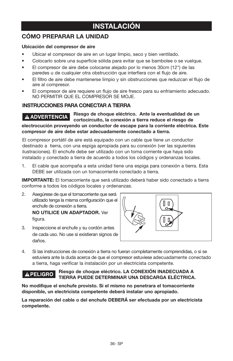 Instalación, Cómo preparar la unidad | Porter-Cable JOB BOSS C3555 User Manual | Page 36 / 78