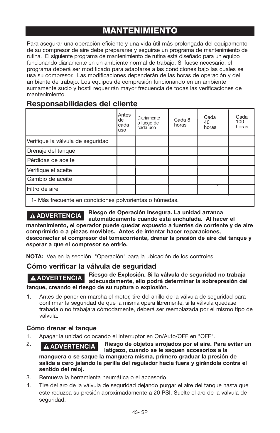 Mantenimiento, Responsabilidades del cliente, Cómo verificar la válvula de seguridad | Porter-Cable JOB BOSS C3555 User Manual | Page 43 / 78