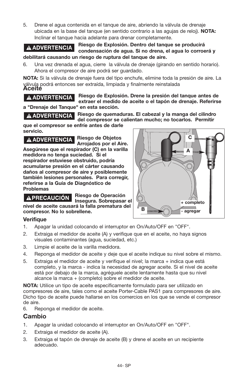 Aceite, Cambio | Porter-Cable JOB BOSS C3555 User Manual | Page 44 / 78
